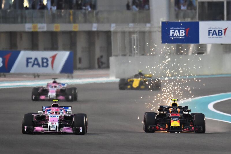 Max Verstappen of the Netherlands driving the (33) Aston Martin Red Bull Racing RB14 TAG Heuer battles with Esteban Ocon of France driving the (31) Sahara Force India F1 Team VJM11 Mercedes. Getty Images