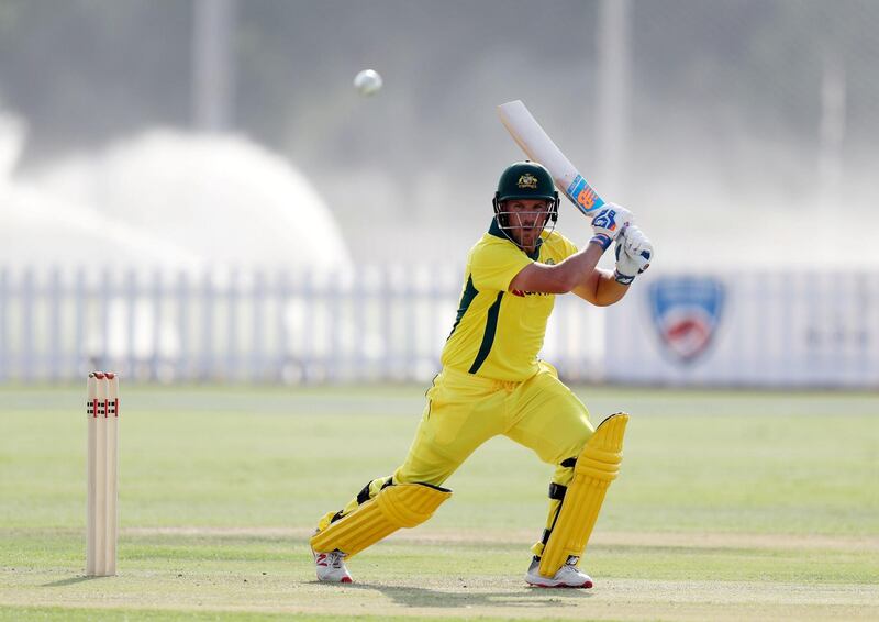 Abu Dhabi, United Arab Emirates - October 22, 2018: Aaron Finch of Australia bats in the match between the UAE and Australia in a T20 international. Monday, October 22nd, 2018 at Zayed cricket stadium oval, Abu Dhabi. Chris Whiteoak / The National