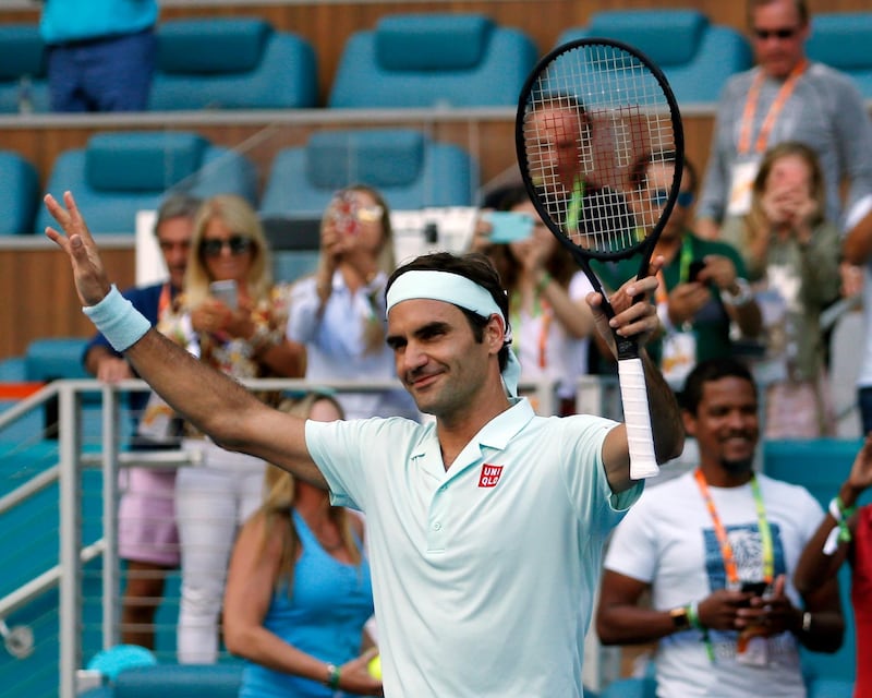 Roger Federer, of Switzerland, celebrates after beating Daniil Medvedev, of Russia, at the Miami Open tennis tournament, Wednesday, March 27, 2019, in Miami Gardens, Fla. Federer won 6-4, 6-2. (AP Photo/Joel Auerbach)