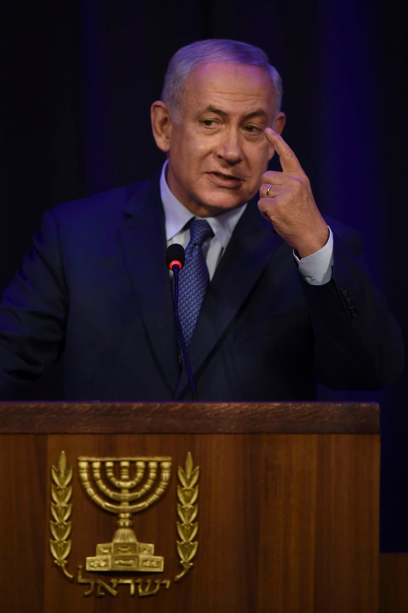 Israeli Prime Minister Benjamin Netanyahu speaks a meeting with businessmen in Buenos Aires, on September 12, 2017.
Netanyahu, who is accompanied by a 30-member delegation of Israeli business leaders on his two-day official visit to Argentina, said Israel was an "innovation nation" eager to share opportunities with Argentina in agriculture, water, IT, cyber security and health. / AFP PHOTO / Eitan ABRAMOVICH