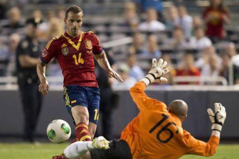 Spain’s Roberto Soldado scored during a 2-0 win over Ireland on Tuesday and is hoping for a starting spot in the Confederations Cup. Don Emmert / AFP