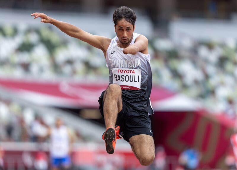 Hossain Rasouli of Afghanistan competes in the men's Long Jump T46 final during the Tokyo 2020 Paralympic Games, at the Olympic Stadium. EPA