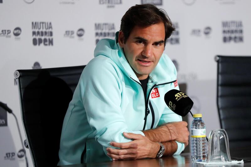 epa07548250 Swiss tennis player Roger Federer addresses a press conference at the Mutua Madrid Open tennis tournament at Caja Magica tennis complex, in Madrid, Spain, 05 May 2019.  EPA/CHEMA MOYA