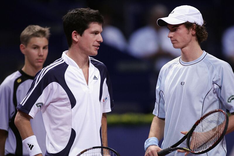 BASEL, SWITZERLAND- OCTOBER 26: Andy Murray and Tim Henman are seen on court during their match as part of the Davidoff Swiss Indoors at the St. Jakobhalle on October 26, 2005 in Basel, Switzerland. (Photo by Patrick Straub/Getty Images)