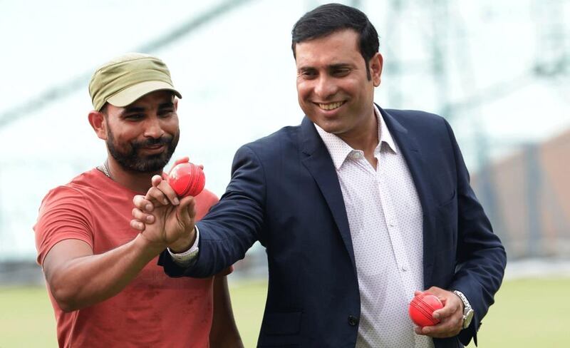 Mohammed Shami, left, enjoyed bowling with the pink ball during a club game at Kolkata. Dibyangshu Sarkar / AFP