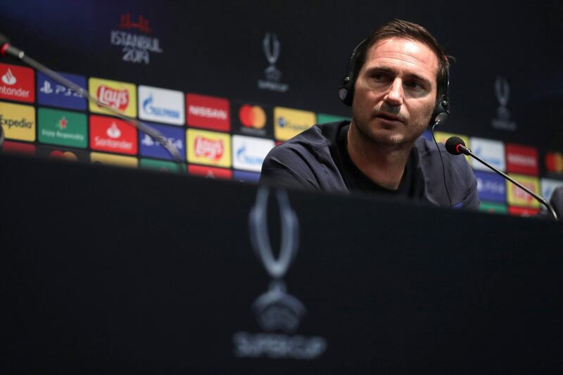 epa07771600 A handout photo made available by the UEFA of Chelsea manager Frank Lampard during a press conference ahead of the UEFA Super Cup between Liverpool and Chelsea at Besiktas Park stadium on August 13, 2019 in Istanbul, Turkey. Liverpool FC will face Chelsea FC in the UEFA Super Cup match on 14 August 2019.  EPA/UEFA via Getty Images / Gonzalo Arroyo  HANDOUT EDITORIAL USE ONLY/NO SALES