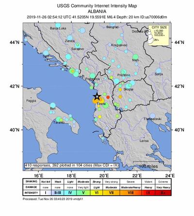 epa08025756 A handout intensity map made available by the United States Geological Survey shows the location of a magnitude 6.4 earthquake which struck at 3:54 am local time, at a depth of 20km, around 30 km from the capital city of Tirana, Albania, 26 November 2019. There were no immediate reports of damage or casualties.  EPA/USGS / HANDOUT  HANDOUT EDITORIAL USE ONLY/NO SALES