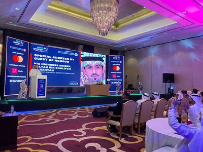 Sheikh Sultan bin Khalifa al Nahyan, president of the Emirates Esports Association, speaking at the Mena Gaming and eSports Summit. Photo: Verve Management