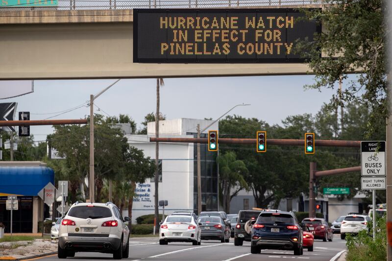A sign warning drivers to prepare for Hurricane Ian in St  Petersburg, Florida. EPA