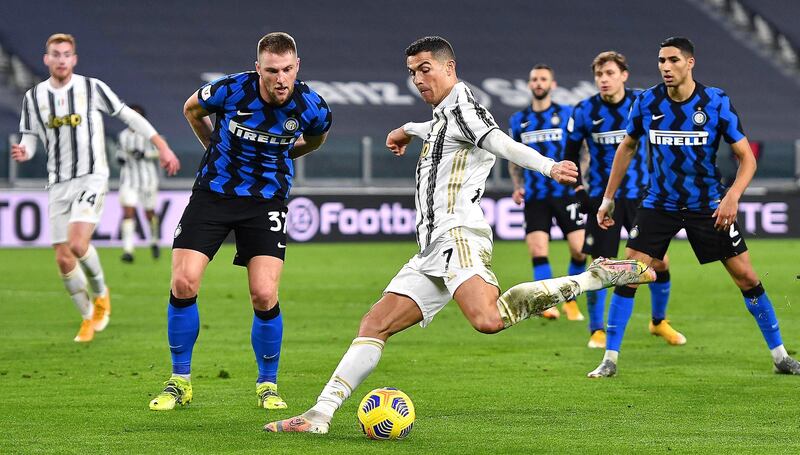 Juventus' Cristiano Ronaldo on the attack against Inter. EPA
