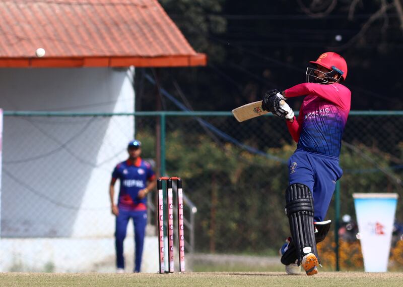 Rohan Mustafa of UAE plays a shot.