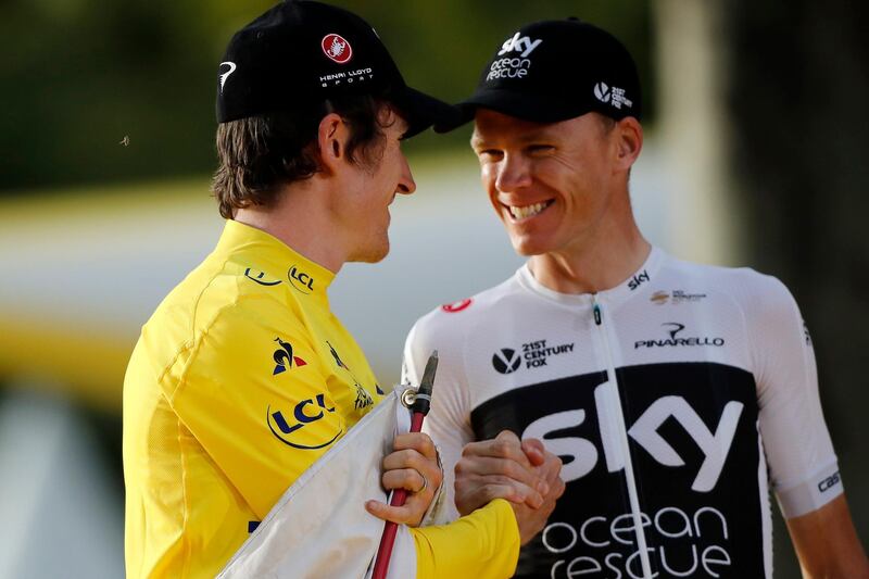 epa07225313 (FILE) - Winner Team Sky rider Geraint Thomas of Britain celebrates with third placed Team Sky rider Chris Froome of Britain on the podium following the 21st and final stage of the 105th edition of the Tour de France cycling race over 116km between Houilles and Paris, France, 29 July 2018, (reissued 12 Decembwer 2018). Media reports on 12 December 2018 state that broadcaster Sky has announced that it will end it's backing of Team Sky in 2019.  EPA/CHRISTOPHE PETIT TESSON *** Local Caption *** 54520709