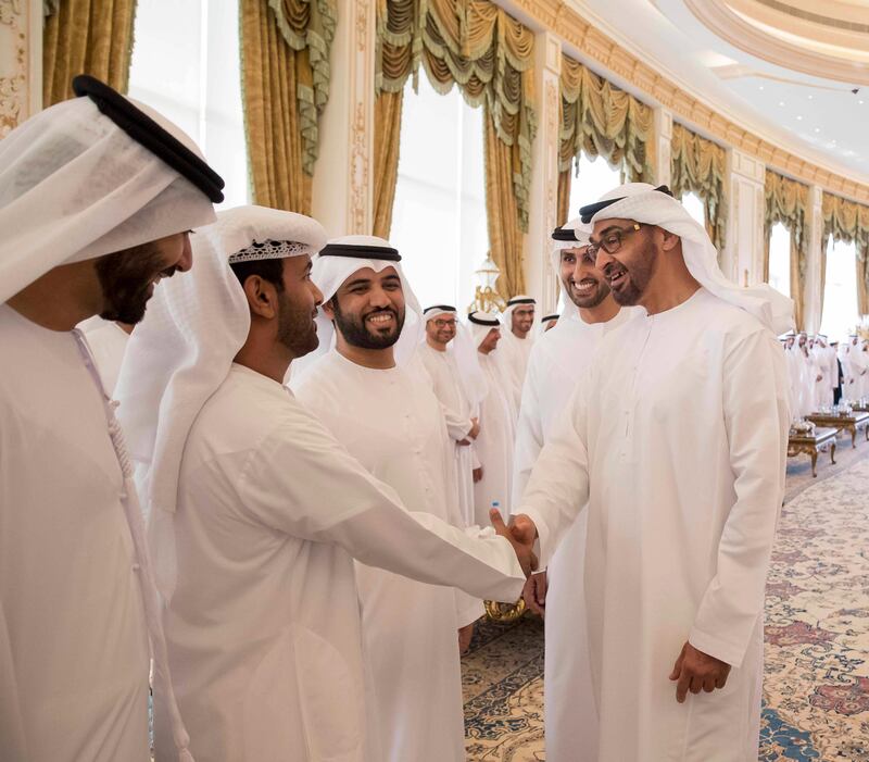 Sheikh Mohammed bin Zayed, Crown Prince of Abu Dhabi and Deputy Supreme Commander of the Armed Forces,  receives the organising committee of a forum for national students studying abroad, during a Sea Palace barza. Mohamed Al Hammadi / Crown Prince Court - Abu Dhabi