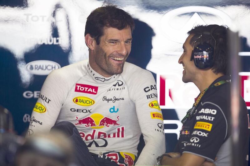 Mark Webber of Red Bull in his garage during the third practice session of the Formula One Etihad Airways Abu Dhabi Grand Prix Yas Marina Circuit in Abu Dhabi on November 2, 2013. Christopher Pike / The National