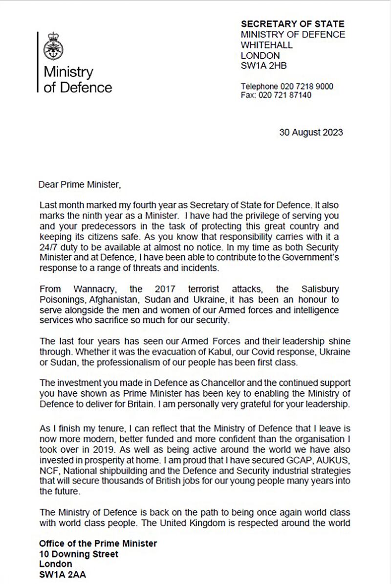The resignation letter of Ben Wallace to Prime Minister Rishi Sunak. PA