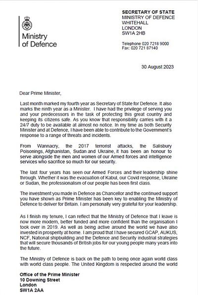Defence Secretary Ben Wallace's letter to Prime Minister Rishi Sunak after four years in the post. 