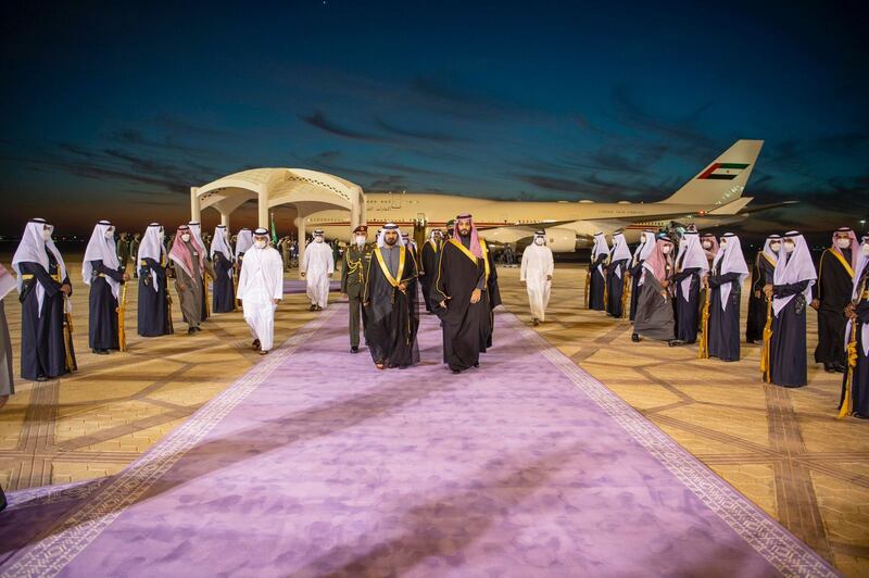Sheikh Mohammed bin Rashid, Vice President and Ruler of Dubai, is welcomed by Crown Prince Mohammed bin Salman. SPA
