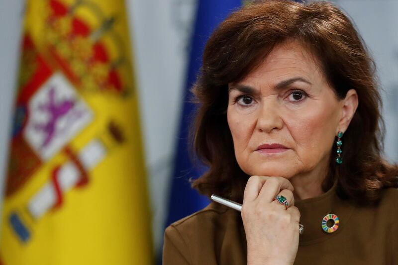 epa07352830 Spanish deputy Prime Minister Carmen Calvo attends a press conference held at the end of a Cabinet meeting at La Moncloa palace in Madrid, Spain, 08 February 2019. Calvo talked about the next march organized by Spain's right-parties People's Party (PP), Ciudadanos (Cs) and Vox for criticizing the negotiations between Spain's Prime Minister Pedro Sanchez and Catalonia's Regional Government.  EPA/CHEMA MOYA