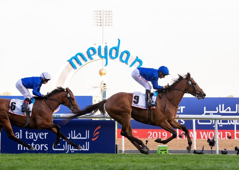 Dubai, United Arab Emirates - March 30, 2019: Cross Counter ridden by William Buick wins the Dubai Gold Cup during the Dubai World Cup. Saturday the 30th of March 2019 at Meydan Racecourse, Dubai. Chris Whiteoak / The National