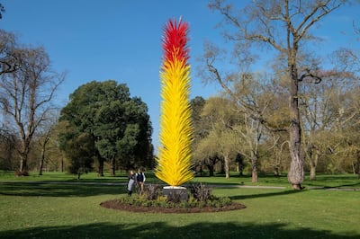 Dale Chihuly, Scarlet and Yellow Icicle Tower, 2013, Royal Botanic Gardens, Kew, London, installed 2019. Chihuly Studio / Royal Botanic Gardens, Kew