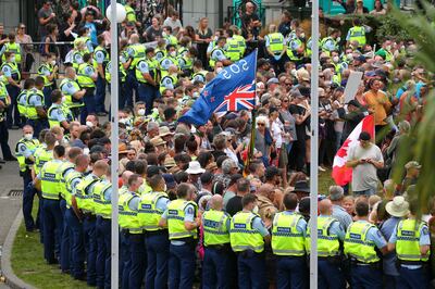 Police surround protesters in Wellington, New Zealand, on Thursday. Anti-vaccine and Covid-19 mandate protesters had gathered for three days outside Parliament. Getty Images