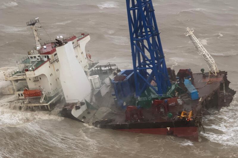 The ship broke into two in stormy seas created by Typhoon Chaba about 160 nautical miles south-west of Hong Kong in the South China Sea. AFP