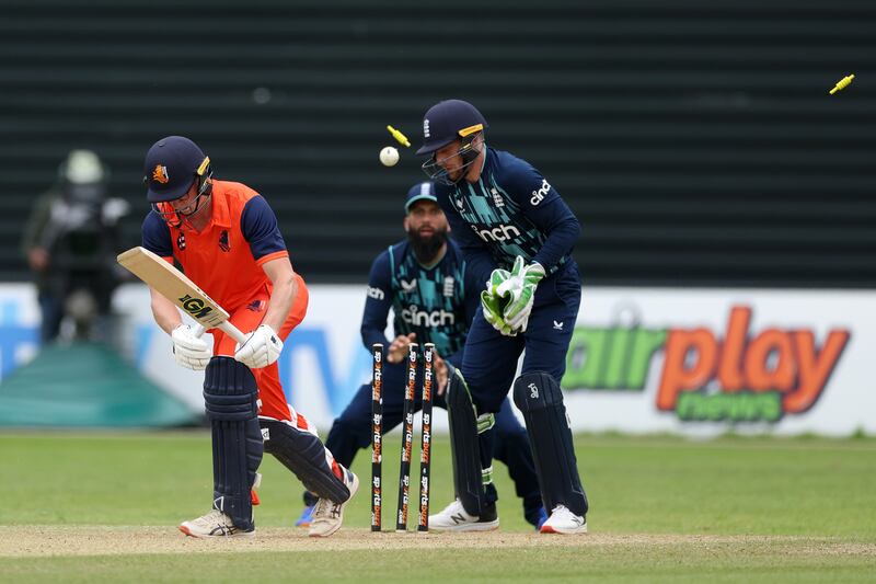 Tim Pringle of Netherlands is bowled out by Adil Rashid. Getty 