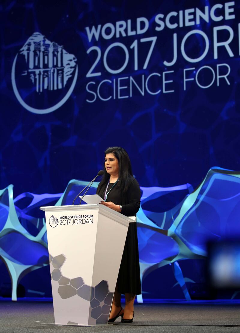 epa06314397 Princess Sumaya bint El Hassan, co-Chairwoman of World Science Forum and  President of the Jordanian Royal Scientific Society gives a speech at the opening session of the eighth World Science Forum 2017 in the Dead Sea, Jordan, 07 November 2017. The eighth World Science Forum takes place in the Dead sea from 07 to 11 November, under the patronage of King Abdullah II of Jordan with UNESCO and the Hungarian Academy. Its 2017 edition is under the theme 'Science for Peace'. it gathers scientists from all over the world to discuss the power of science, and exchange on various scientific issues and their application to improve lives and promote mutual understanding and respect.  EPA/AMEL PAIN