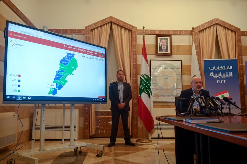 Lebanese Interior Minister Bassam Mawlawi announces the final results for some districts. EPA