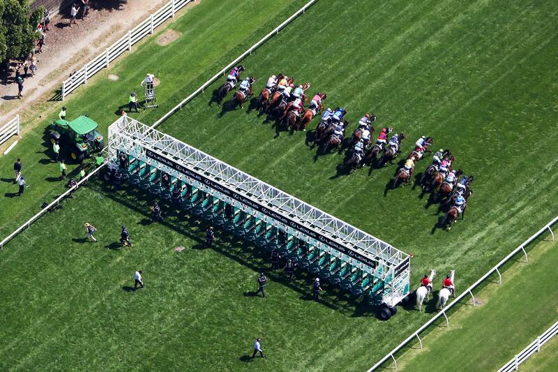 The field jumps from the barriers during race seven of the 2020 Lexus Melbourne Cup at Flemington Racecourse. Getty Images for the VRC