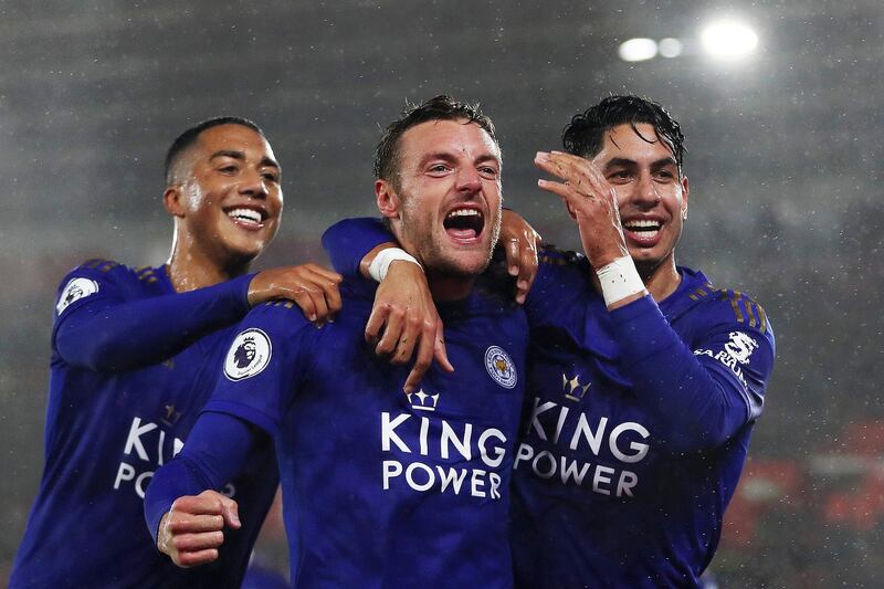 SOUTHAMPTON, ENGLAND - OCTOBER 25: Jamie Vardy of Leicster City celebrates after scoring his team's fifth goal with Youri Tielemans and Ayoze Perez during the Premier League match between Southampton FC and Leicester City at St Mary's Stadium on October 25, 2019 in Southampton, United Kingdom. (Photo by Naomi Baker/Getty Images)