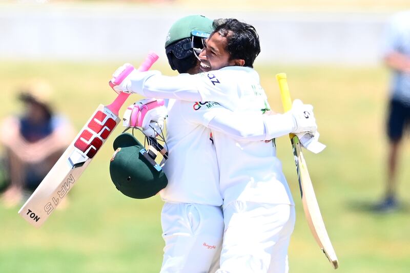 Mominul Haque and Mushfiqur Rahim celebrate after winning the Test. Getty