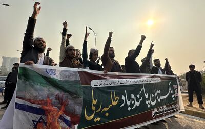 Activists take part in a protest against Iranian missile strikes in Balochistan province, in Islamabad, Pakistan. EPA