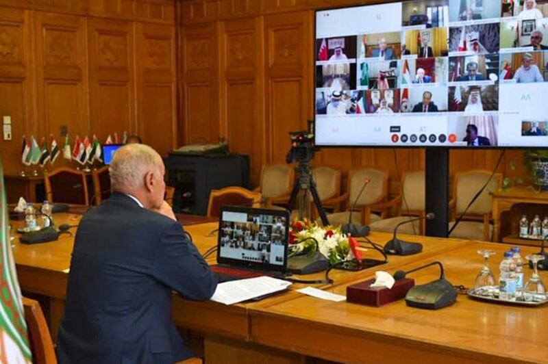 A handout picture provided by the Arab League on June 23, 2020, shows Arab League Chief Ahmed Abul Gheit chairing an urgent virtual foreign ministers meeting on Libya following Egypt's request, amid the COVID-19 pandemic in the Egyptian capital Cairo.  -  === RESTRICTED TO EDITORIAL USE - MANDATORY CREDIT "AFP PHOTO / HO / ARAB LEAGUE" - NO MARKETING - NO ADVERTISING CAMPAIGNS - DISTRIBUTED AS A SERVICE TO CLIENTS ===
 / AFP / Arab League / murad FATHI /  === RESTRICTED TO EDITORIAL USE - MANDATORY CREDIT "AFP PHOTO / HO / ARAB LEAGUE" - NO MARKETING - NO ADVERTISING CAMPAIGNS - DISTRIBUTED AS A SERVICE TO CLIENTS ===
