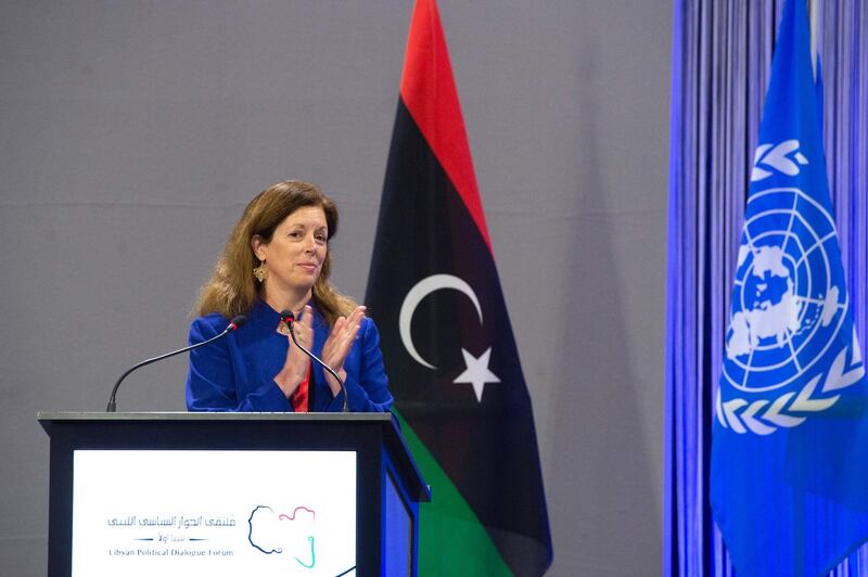 Acting UN envoy for Libya Stephanie Williams delivers remarks at the opening of the Libyan Political Dialogue Forum at an undisclosed location, Switzerland. AFP