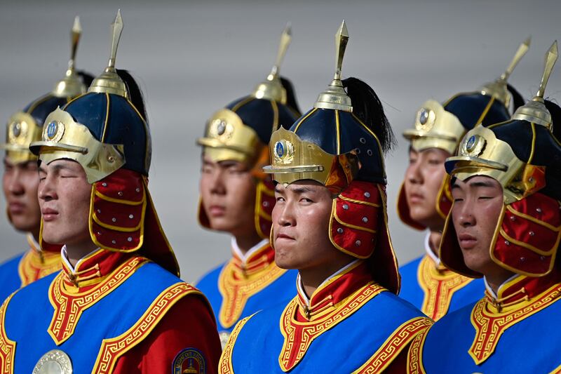 Mongolian honour guards at Chinggis Khaan International Airport. AFP