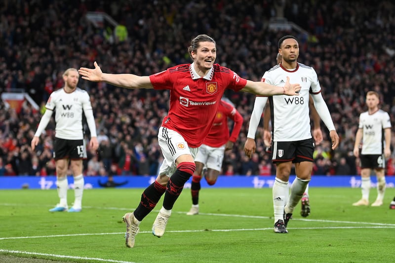 Marcel Sabitzer celebrates after scoring Manchester United's second goal in their FA Cup quarter=final win over Fulham at Old Trafford on March 19, 2023. Getty