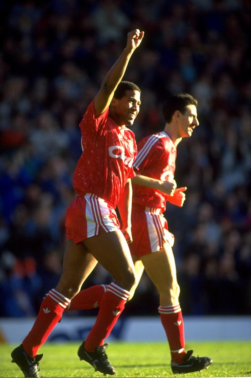 3 Feb 1990:  General view of John Barnes (left) and Ian Rush of Liverpool during a Barclays League Division One match against Everton played at Anfield in Liverpool, England.  \ Mandatory Credit: Ben  Radford/Allsport