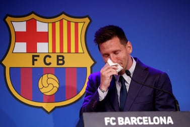 Soccer Football - Lionel Messi holds an FC Barcelona press conference - 1899 Auditorium, Camp Nou, Barcelona, Spain - August 8, 2021 Lionel Messi during the press conference REUTERS / Albert Gea     TPX IMAGES OF THE DAY
