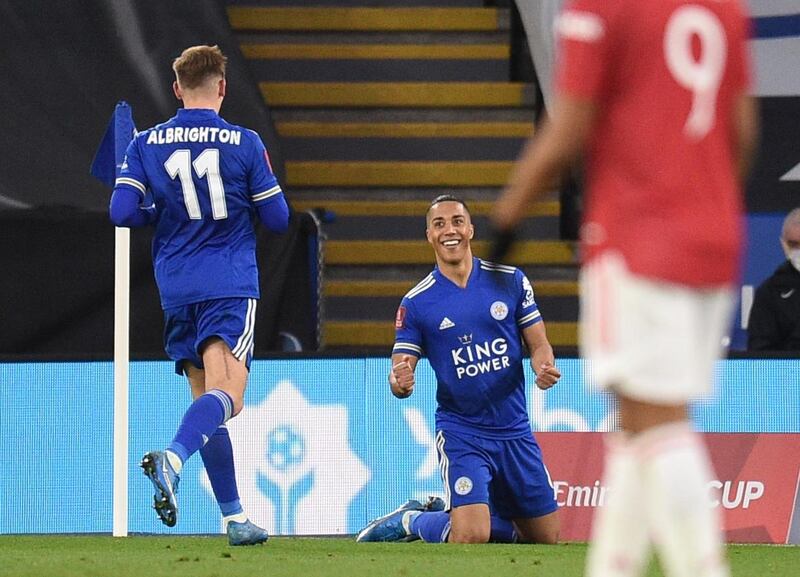 Soccer Football -  FA Cup Quarter Final - Leicester City v Manchester United - King Power Stadium, Leicester, Britain - March 21, 2021 Leicester City's Youri Tielemans celebrates scoring their second goal REUTERS/Oli Scarff