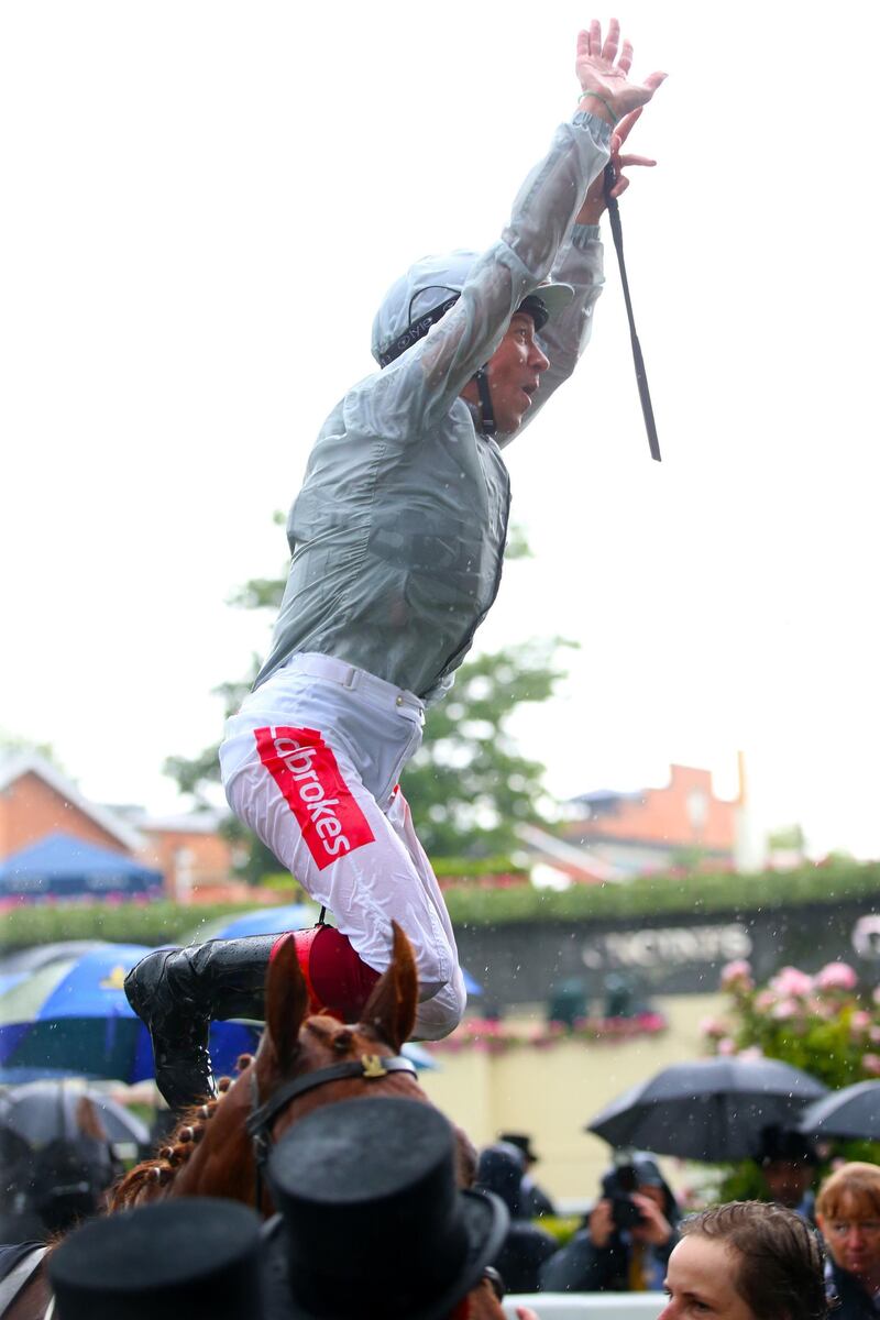 Jockey Frankie Detorri celebrates winning the Queen Mary Stakes with Raffle Prize. Press Association