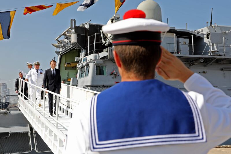 Mr Macron is in Abu Dhabi on a two-day visit.  Ludovic Marin / AFP