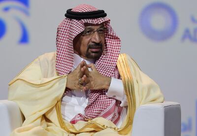 FILE - In this Nov.12, 2018 file photo, Khalid Al-Falih, Saudi Energy and Oil Minister, speaks at the Abu Dhabi International Exhibition & Conference, in Abu Dhabi, United Arab Emirates. Al-Falih said Sunday, Jan. 13, 2019, at the Atlantic Council's Global Energy Forum in Abu Dhabi that he's not happy with the "range of volatility" seen over the past two to three years. Cautious not to set a price target or range for oil, he explained there are consequences when energy prices dip too low or rise too high. (AP Photo/Kamran Jebreili, File)