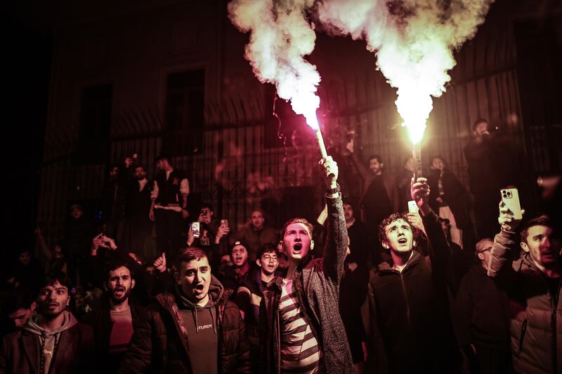Demonstrators shout slogans during a protest in front of the Swedish consulate in Istanbul, Turkey. EPA