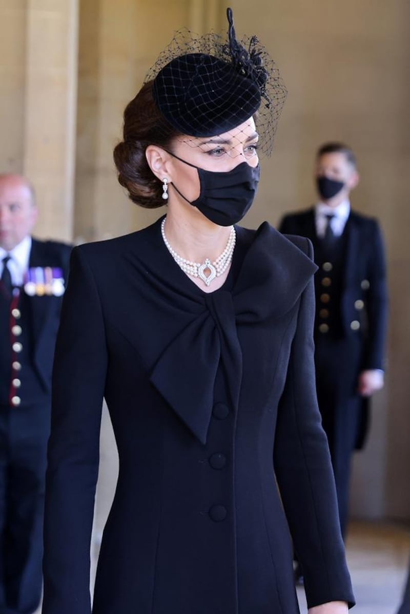 Catherine, now Princess of Wales, wearing a four-strand pearl necklace at the funeral of Prince Philip in 2021. AFP