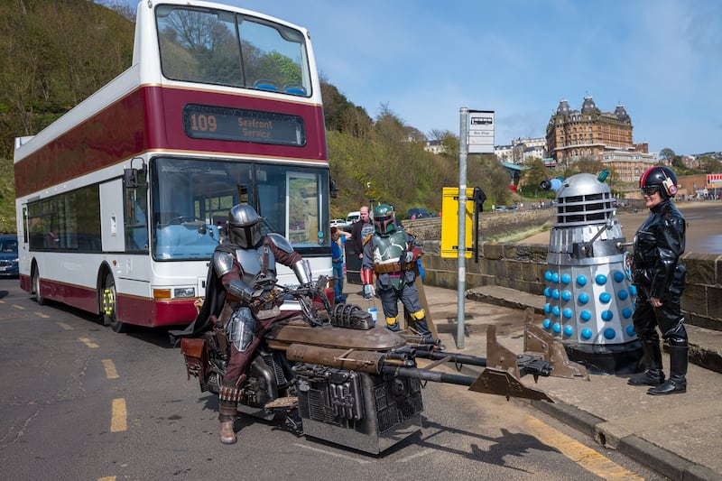 A Mandalorian and his speeder bike make an appearance on day two of the Scarborough Sci Fi weekend on Sunday. All photos: Getty Images