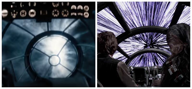 Fans have pointed out the similarity between the submarine portal in Dial of Destiny, left, and the window of the Millennium Falcon in Star Wars - both starring Harrison Ford