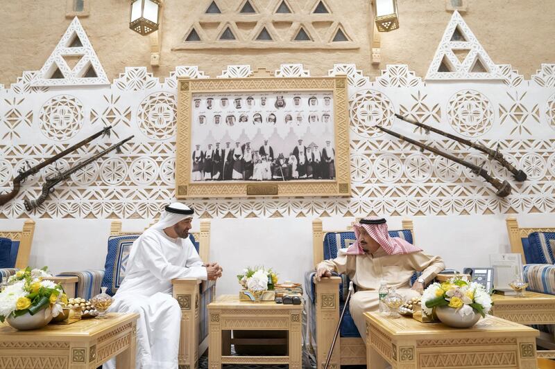 RIYADH, SAUDI ARABIA - November 10, 2018: HH Sheikh Mohamed bin Zayed Al Nahyan, Crown Prince of Abu Dhabi and Deputy Supreme Commander of the UAE Armed Forces () meets with HM King Salman Bin Abdulaziz Al Saud, of Saudi Arabia and Custodian of the Two Holy Mosques at Al Auja Palace in Riyadh.

( Mohamed Al Hammadi / Ministry of Presidential Affairs )
---