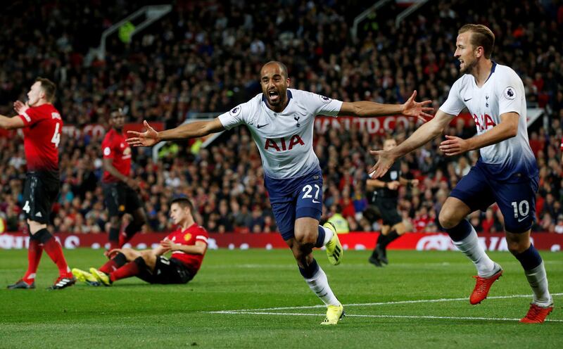 Soccer Football - Premier League - Manchester United v Tottenham Hotspur - Old Trafford, Manchester, Britain - August 27, 2018   Tottenham's Lucas Moura celebrates scoring their second goal                REUTERS/Andrew Yates    EDITORIAL USE ONLY. No use with unauthorized audio, video, data, fixture lists, club/league logos or "live" services. Online in-match use limited to 75 images, no video emulation. No use in betting, games or single club/league/player publications.  Please contact your account representative for further details.      TPX IMAGES OF THE DAY