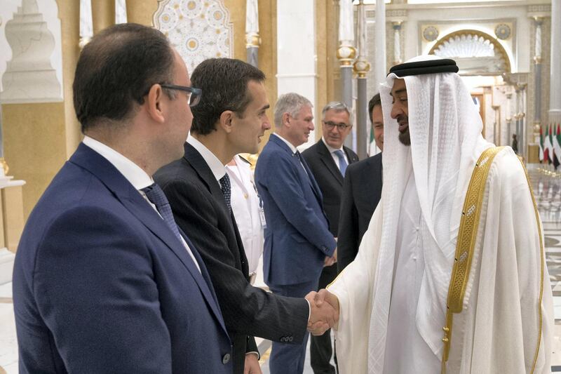 ABU DHABI, UNITED ARAB EMIRATES - November 15, 2018: HH Sheikh Mohamed bin Zayed Al Nahyan Crown Prince of Abu Dhabi Deputy Supreme Commander of the UAE Armed Forces (R), greets a delegation member accompanying HE Giuseppe Conte, Prime Minister of Italy (not shown), during a reception held at the Presidential Palace. 

( Hamad Al Kaabi / Ministry of Presidential Affairs )?
---